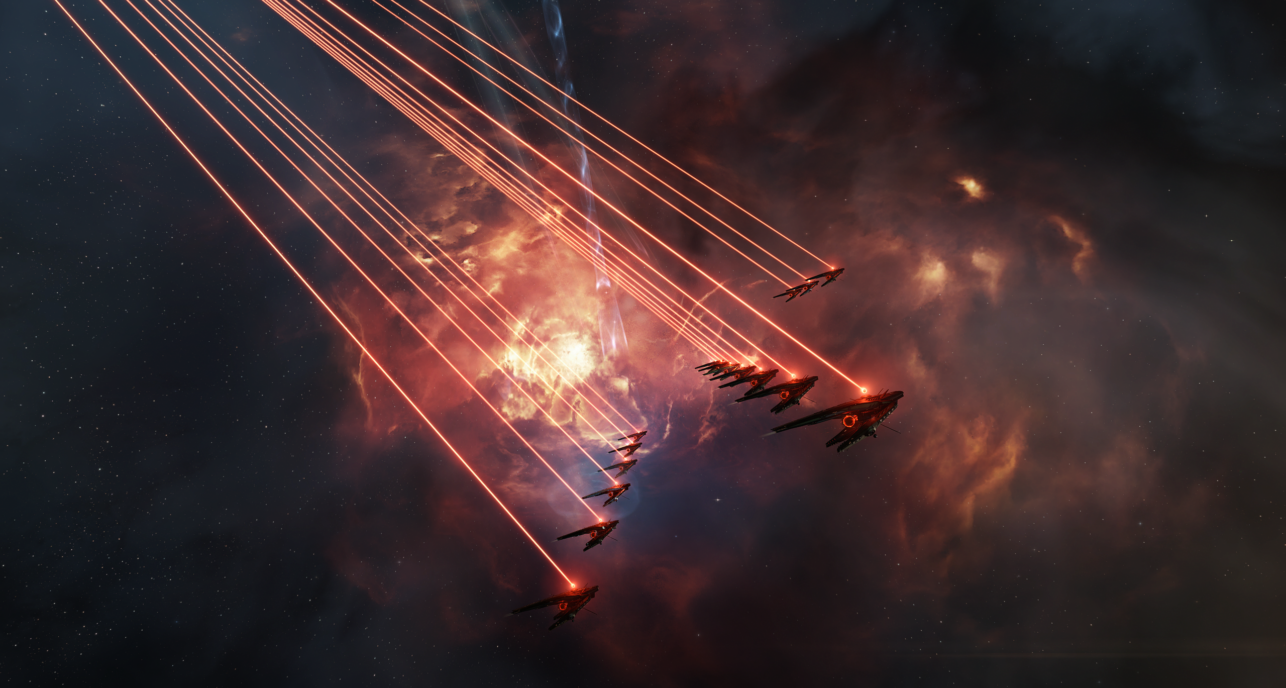 Awesome picture of triglavian ships bashing a structure in Eve.